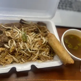 Beef Pad Thai with Tom Yum Soup and a Spring Roll