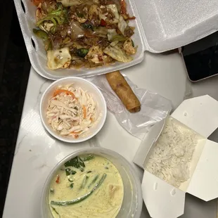 Chicken Pad Kee Mao (Drunken Noodle), Side Salad, Spring Roll, Tofu Green Curry. Amazing meal!!!
