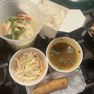 Tofu D28. Green Curry and all the sides: Thai salad, soup, and A01. Spring Roll!