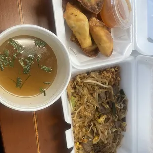 Pad Thai with beef with a side of Tom Yum Soup and Crab Rangoon --the perfect lunch