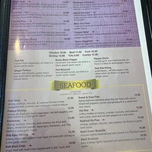 Thai &amp; seafood menu