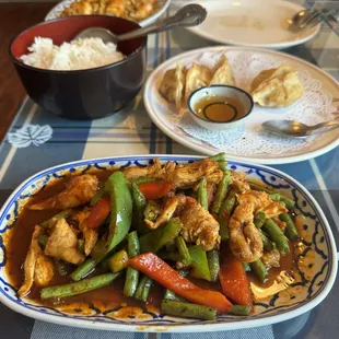 Pad Prik king &amp; pot stickers with white rice