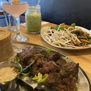 Crying Tiger, Drunken Yakisoba, Thai Iced Green Tea, and Lychee-tini