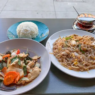 Basil chicken stirfry and pork pad Thai