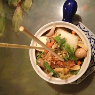 Vegetarian clay pot with cellophane noodles and steamed tofu. To. Die. For.
