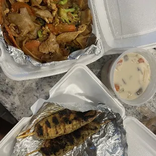 Pad See Ew* Tom Kha Soup* Chicken Satay