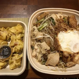 Steamed shumai and pad Thai with chicken, tofu, and fried egg
