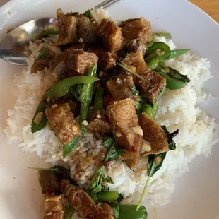 pork belly stir fry on rice