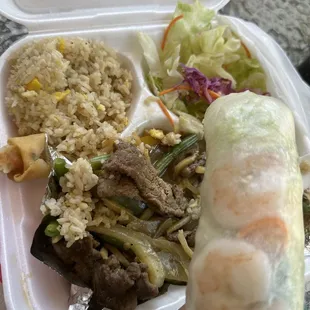 Thai basil with beef lunch special with fresh spring rolls