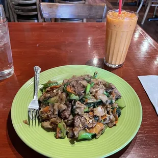 a plate of food and a drink