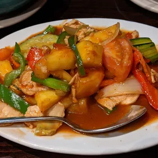 Sweet and sour stir fry with chicken.  Comes with rice.