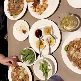 Appetizers: Edamme, and Sampler platter Main dish; Tropical Thai Rice w/ Squid, and  (2) Basil Thai rice w/ Shrimp