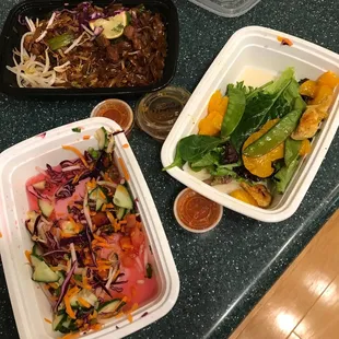 Dinner demolished by hungry preteens: chicken pad Thai, mandarin salad, cucumber salad.