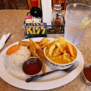 a plate of food and a drink