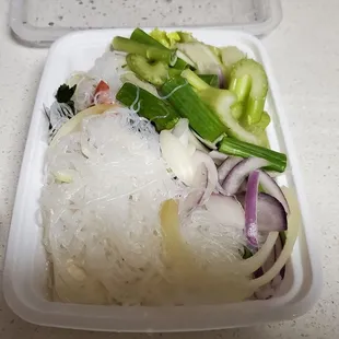 Tofu glass noodle salad. Doesn't look like much but once the dressing goes on, the non meat party begins! Woot!