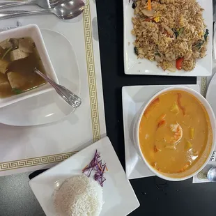Tom Yum Soup with Tofu , Basil Fried Rice, Pineapple Red Curry with Shrimp