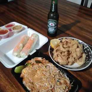 Spicy pa tha with calamari spring rolls