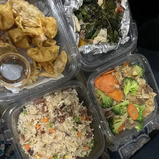 Potstickers, crab puff, spicy green beans, pad se ew, sausage fried rice  Not in the picture: beef salad, red curry