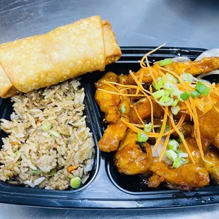 chicken, rice, and a roll