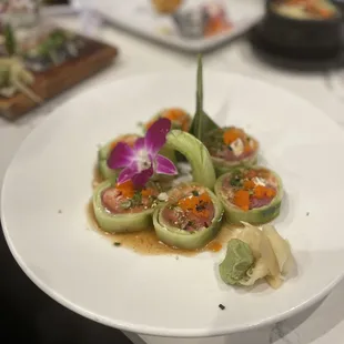 Tried this cucumber roll tonight.  Beautiful presentation.  You need a fork or your fingers instead of chopsticks for this one.