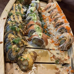 a long row of sushi rolls