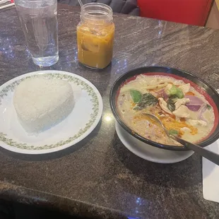 Chicken Green Curry, Thai Iced Tea, Steamed Rice