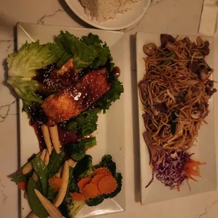 Teriyaki salmon and lo mein