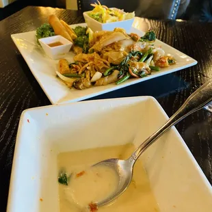 Drunken Noodles with chicken. Coconut Milk soup.