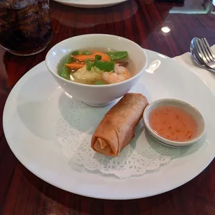 soup and spring roll that came with lunch special