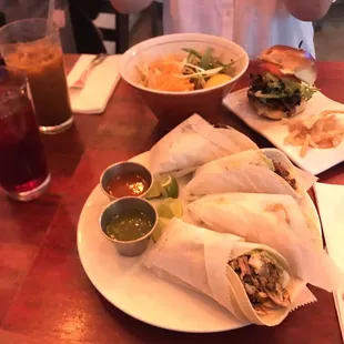 Mmmm...closer look at those tacos and the Thai food, with a thai iced tea and aqua fresca Jamaica on the side