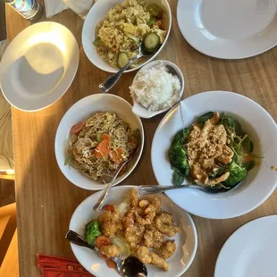 Pineapple fried rice, House pan fried noodles, Golden chicken, and Peanut lovers.