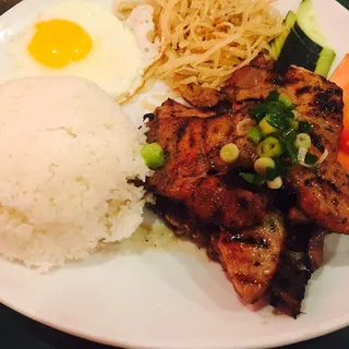 Grilled Pork Chop And Shredded Pork On White Rice