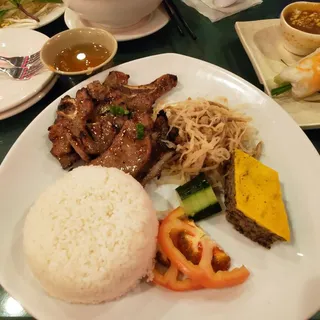 Grilled Pork Chop, Shredded Pork And Crab Pattay On White Rice