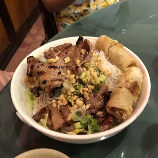 Spring Rolls And Grilled Pork With Lettuce On Rice Vermicelli