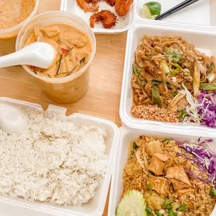 a variety of food in take out containers