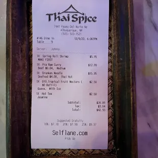 Thai Spice.  Our bill.
