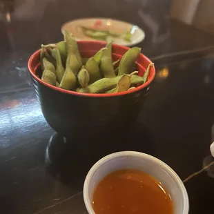 Edamame hot sauce on the side