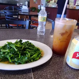 Snow pea leaves, Thai tea &amp; soy milk for my girl