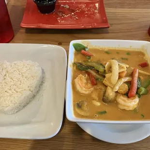 My red curry with shrimp with a side of rice