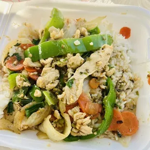 Spicy basil chicken over rice. My favorite!