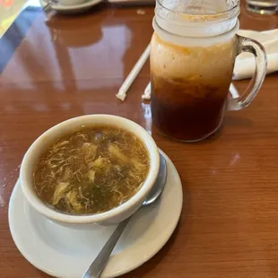 egg drop hot and sour soup &amp; and a thai iced tea