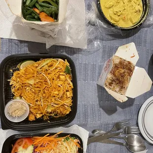 a variety of food items on a table