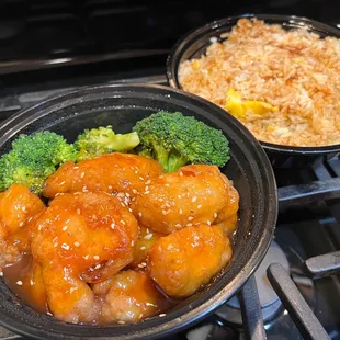 two bowls of food on a stove