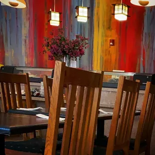 a table and chairs in a restaurant