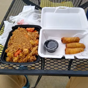 Pineapple fried rice and spring rolls.