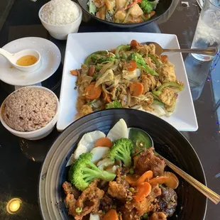 Spicy Duck, Drunken Noodles, Salmon Mango Curry