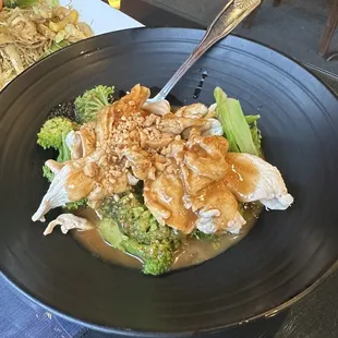 a plate of chicken and broccoli