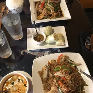 Tom Kha (so yummy!), spicy chicken fried rice, summer rolls and spicy Thai basil chicken