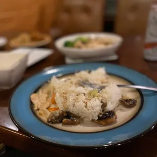 Chicken garlic and pepper with added mushrooms and jasmine rice.