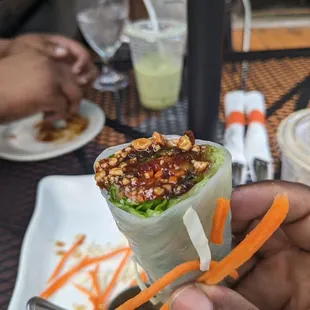 a hand holding a vegetable wrap